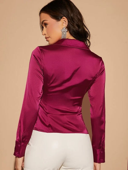 Shawl Collar Wrap Satin Blouse