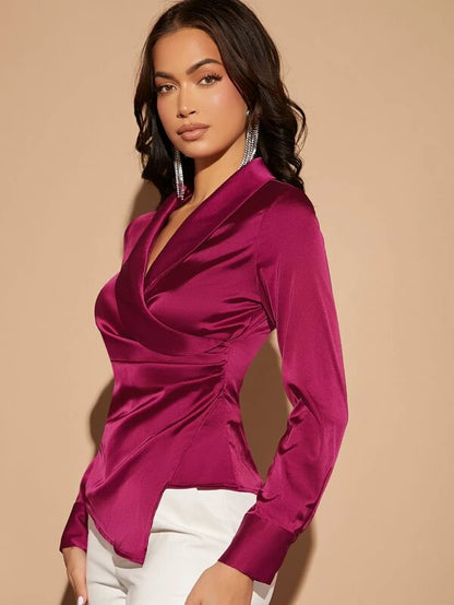 Shawl Collar Wrap Satin Blouse