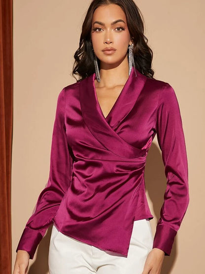 Shawl Collar Wrap Satin Blouse