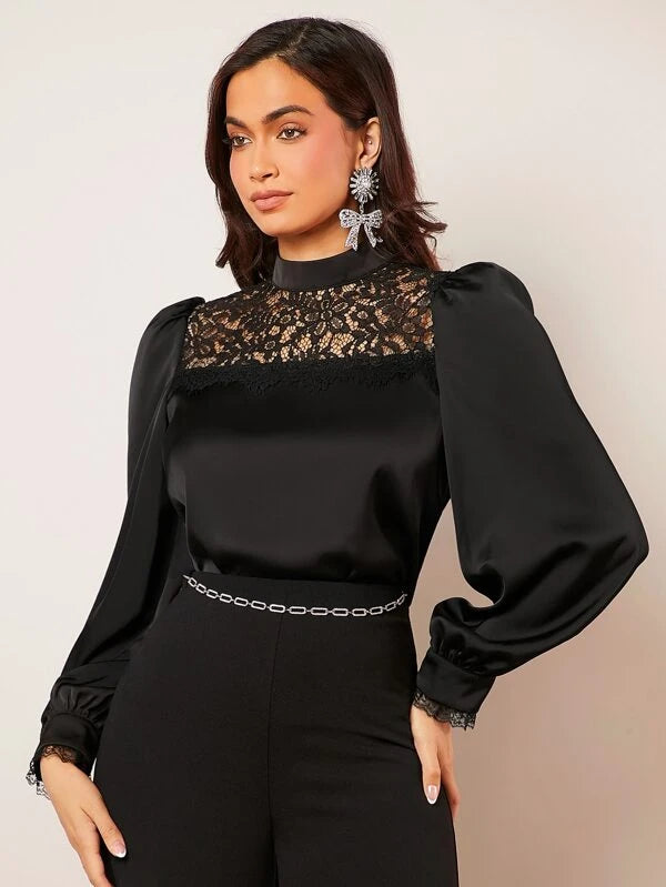 PAMELA LACE NECK LANTERN SLEEVE BLOUSE