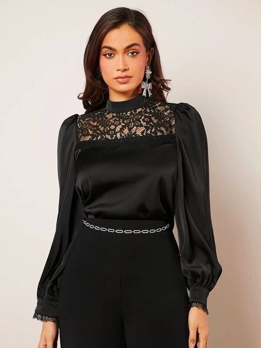 Pamela Lace Neck Lantern Sleeve Blouse