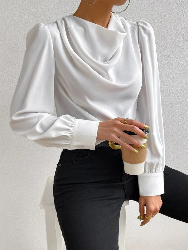 Solid Draped Collar Puff Sleeve Blouse