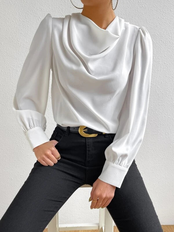 Solid Draped Collar Puff Sleeve Blouse